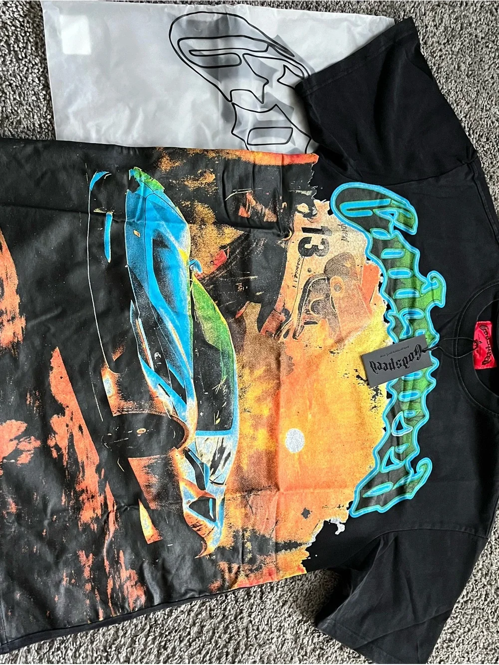 Graphic Racing Sunset Tee in Black & Orange